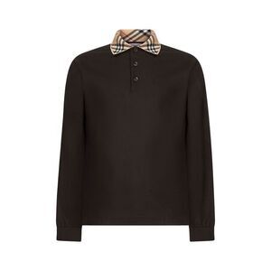 Burberry Men Brown Pique Check Collar Long-Sleeved Polo Shirt